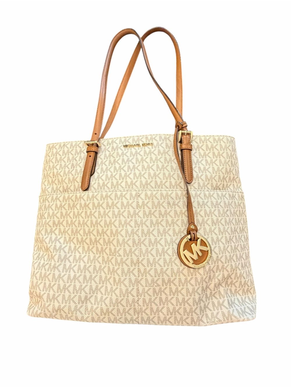 Michael Kors Jet Set Top Zip Signature Monogram Tote Shoulder Bag Vanilla Tan